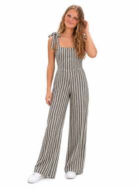 Rip Curl Striped Jumpsuit Size XS Black White Tie Strap Wide Leg